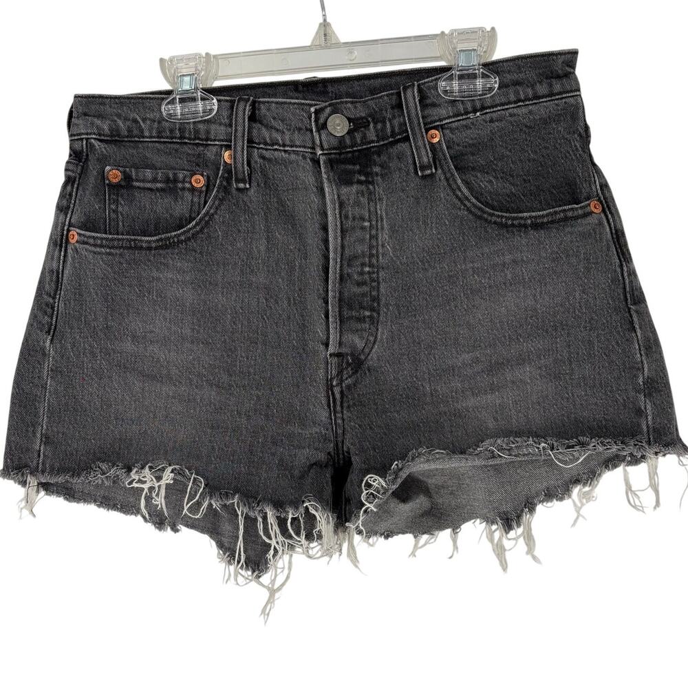 Levis 501 High Rise Black Distressed Cut Off Shorts, Womens Waist Size 29